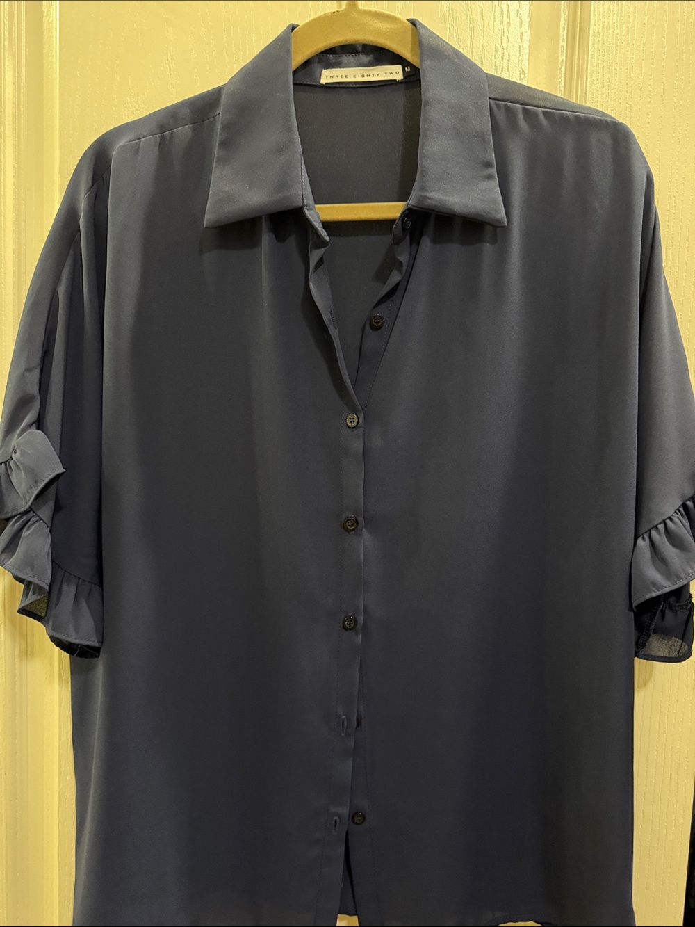 Three Eighty Two Navy Ruffle Sleeve Button Front Blouse